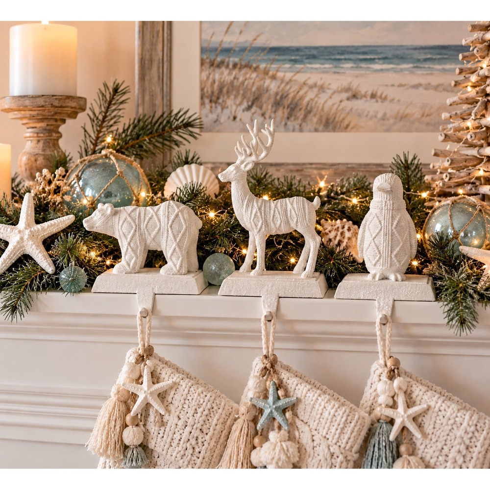White Knit Texture Animal Stocking Hangers Bear Deer Penguin Coastal Christmas